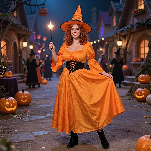Woman in Orange Witch Costume with Sparkler in Halloween Village