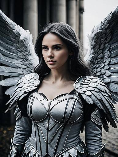 Woman in Grey Angel Wings Costume Photorealistic Fantasy Cosplay Portrait