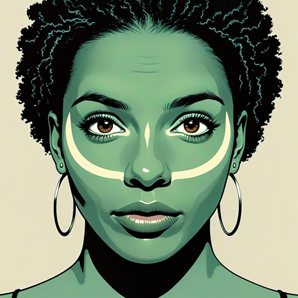 Green-Toned Female Portrait with White Facial Markings and Hoop Earrings