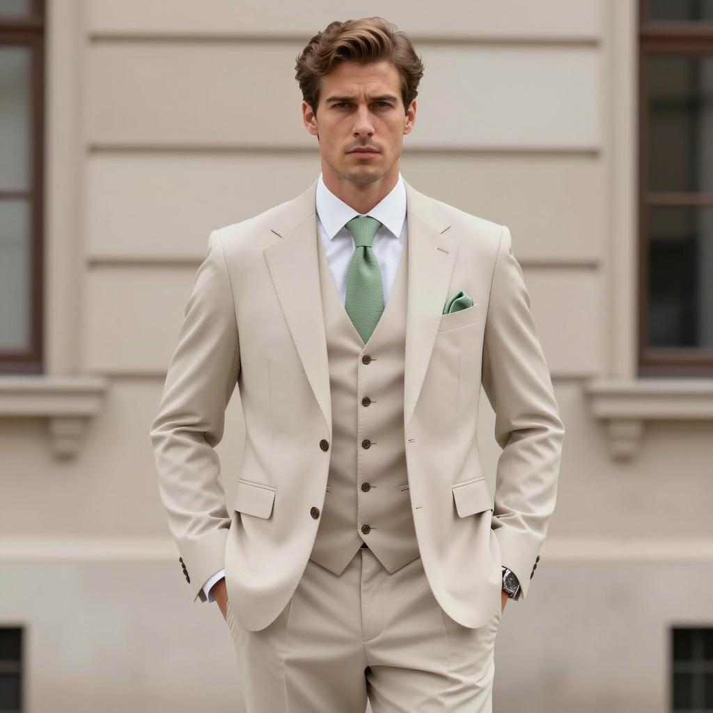 Handsome Man in Beige Three-Piece Suit with Mint Green Tie Outdoors