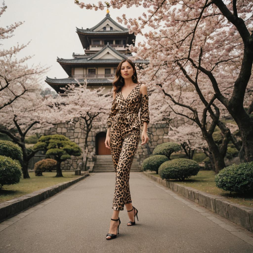 Confident Woman in Leopard Print Amid Cherry Blossoms