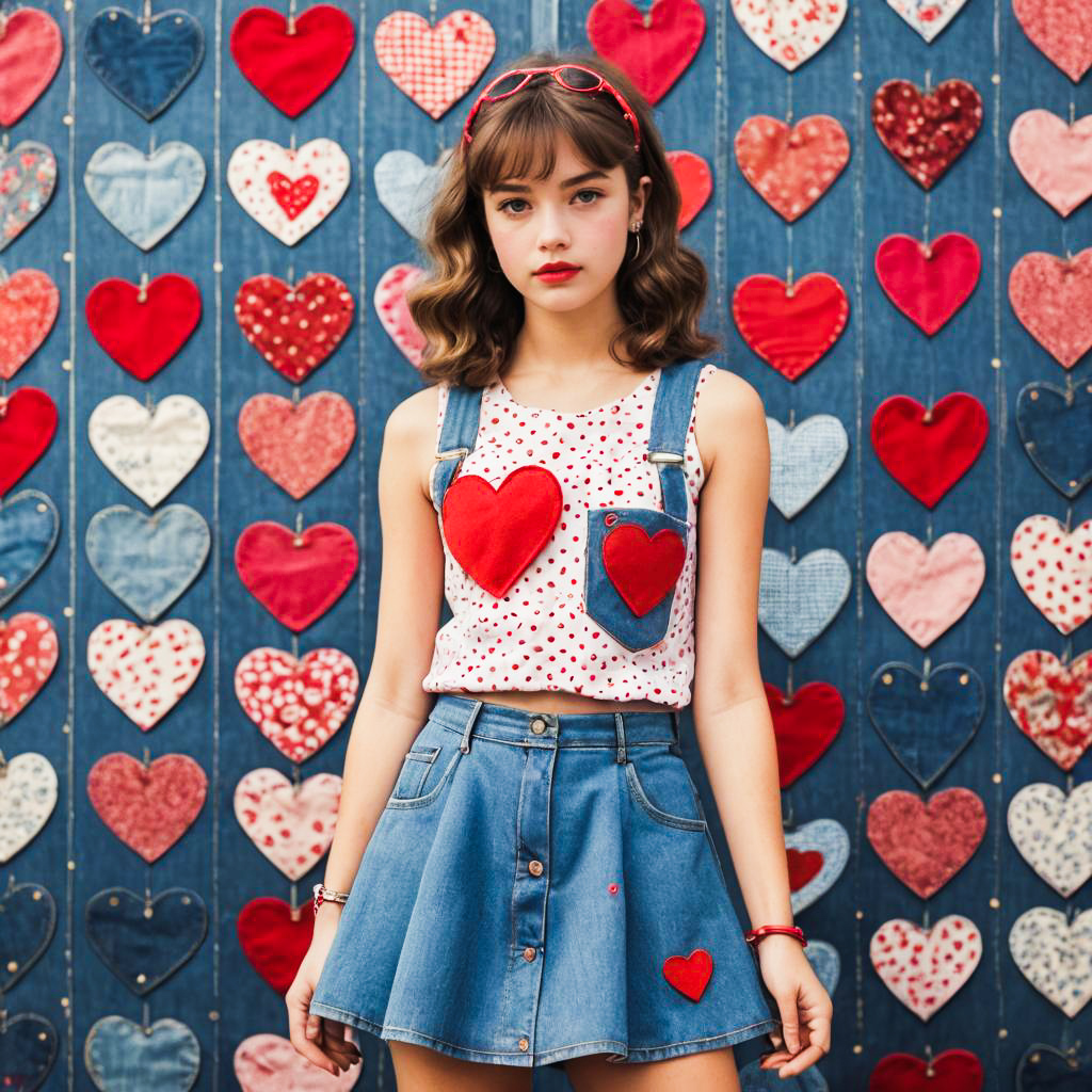 Confident Young Woman in Heart-Themed Fashion