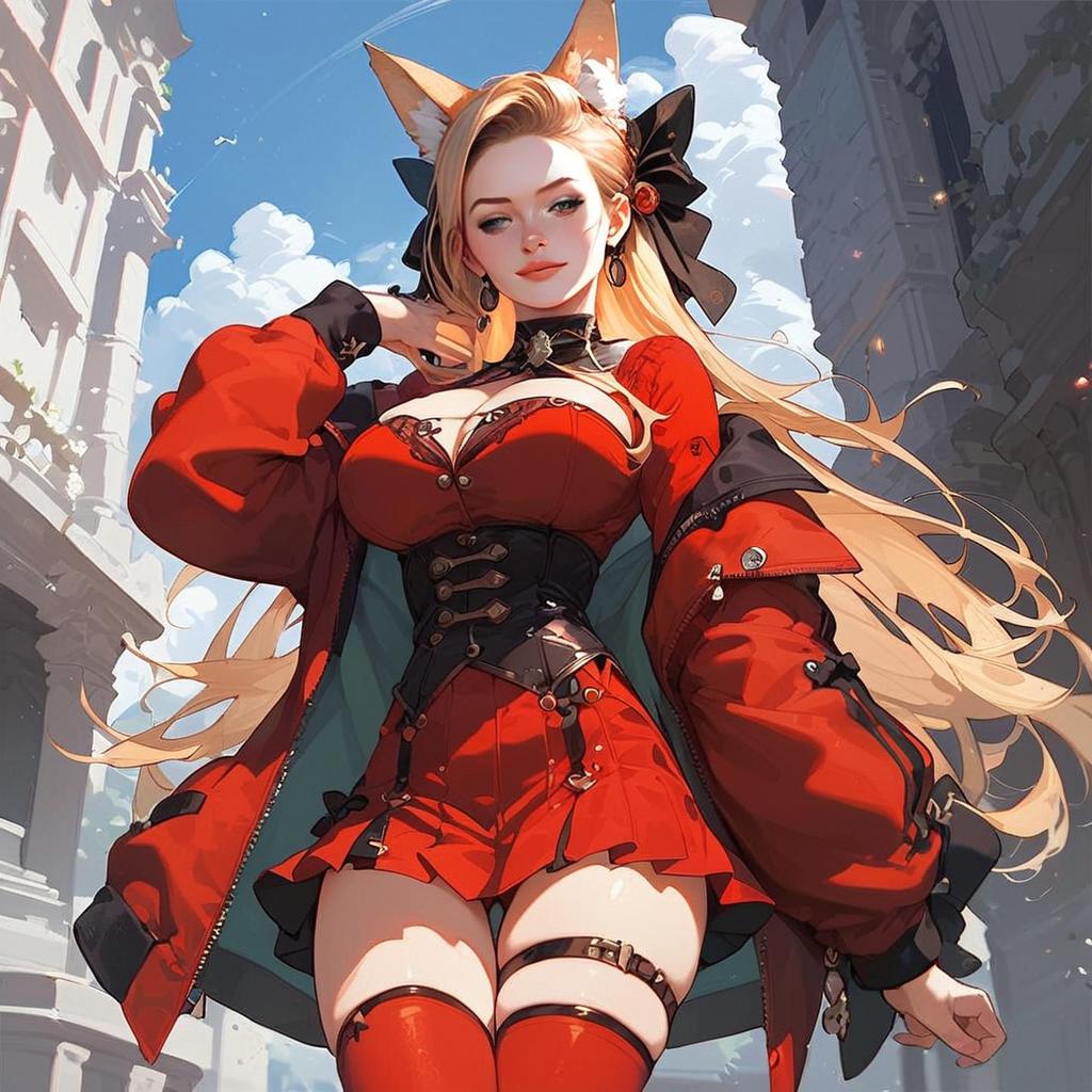 Anime Style Confident Woman in Red Corset Outfit with Fox Ears Digital Art