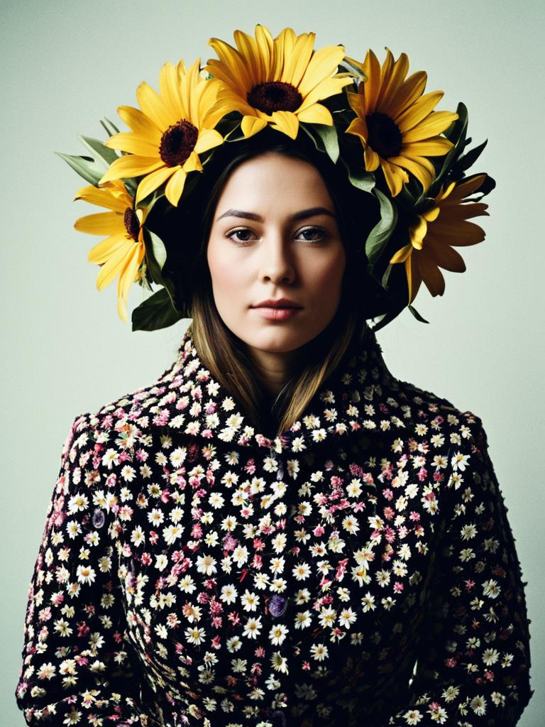Photorealistic Studio Portrait of Woman in Flower Costume with Sunflower Crown