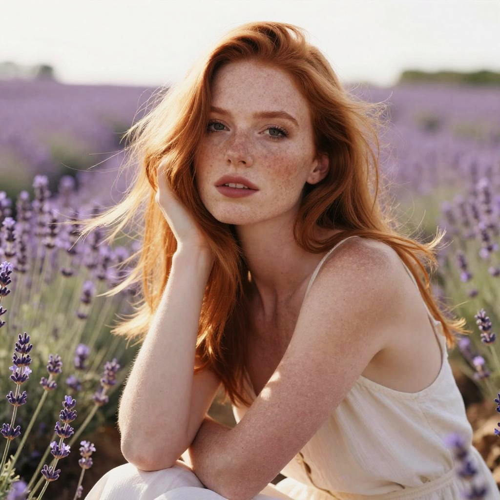 Red-Haired Woman in Lavender Field Portrait