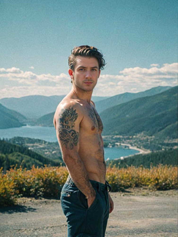 Rugged Man with Tattoo in Scenic Landscape