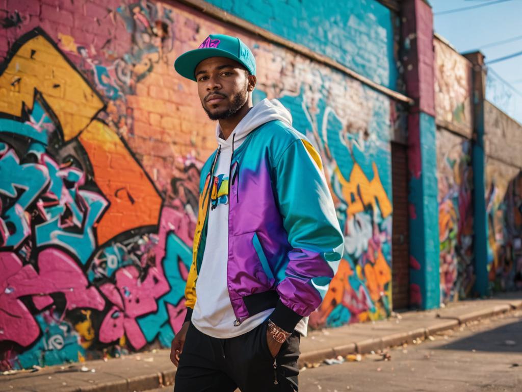 Stylish Man in Colorful Jacket Against Graffiti