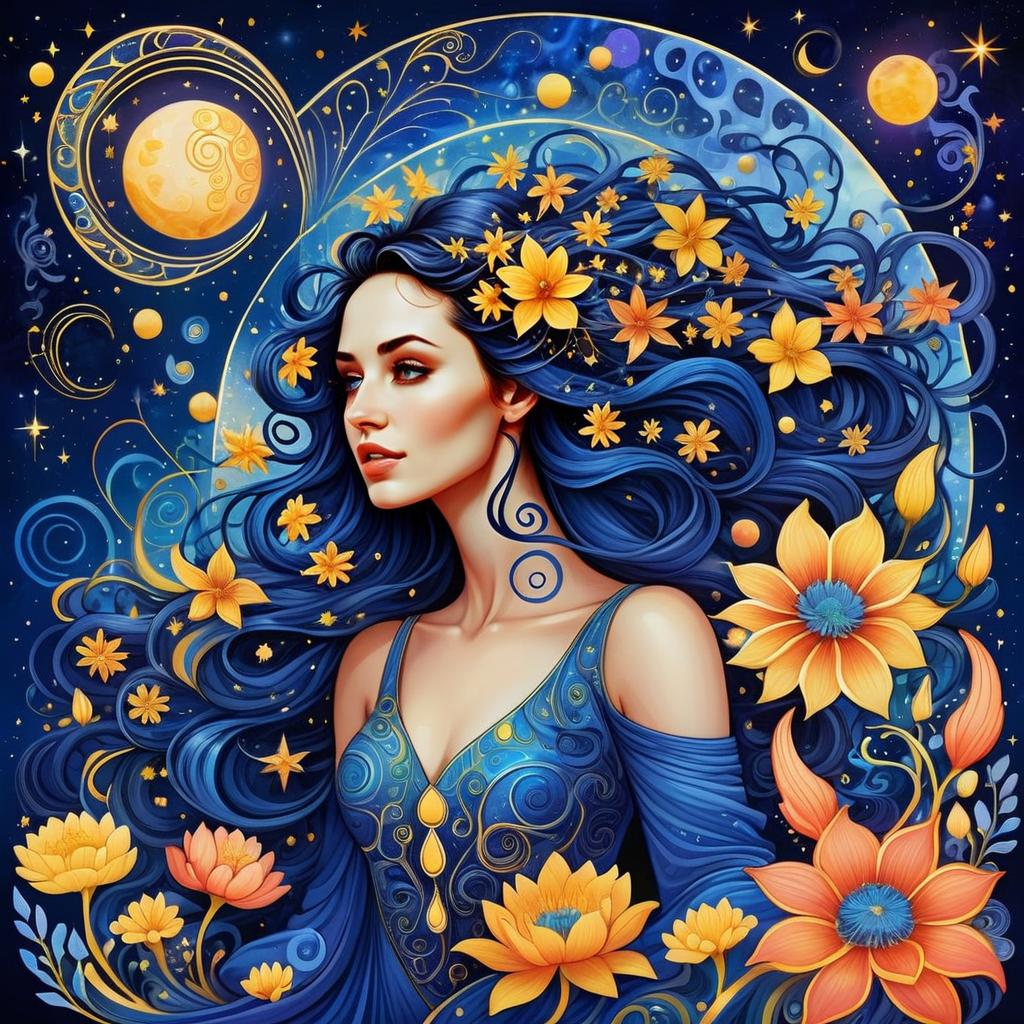 Mystical Woman with Blue Hair and Floral Cosmic Background Digital Art