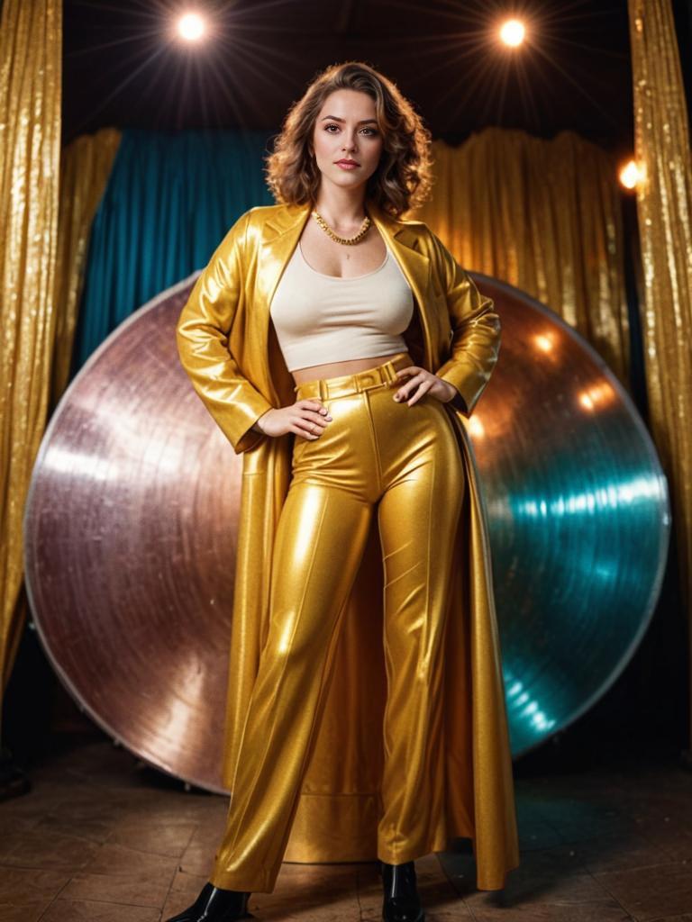 Woman in Glamorous Gold Outfit on Retro Film Set