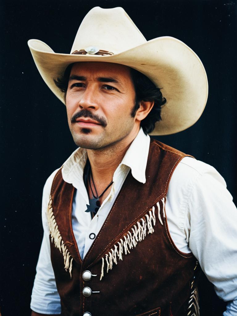 Man in Classic Cowboy Costume with White Hat and Fringe Vest