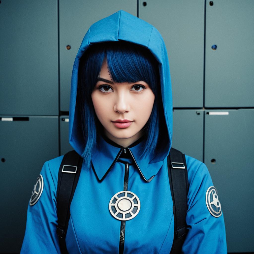 Realistic Portrait of Woman in Blue Hooded Jacket with Emblems