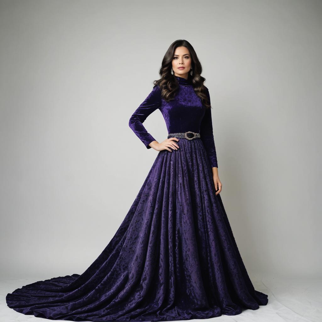 Elegant Woman in Deep Purple Velvet Gown with Full Skirt and Belt