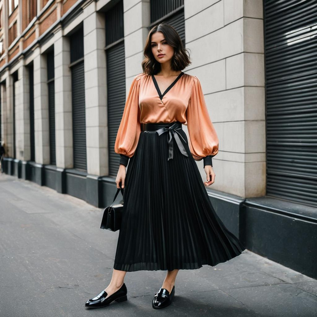 Elegant Woman in Satin Blouse and Pleated Black Skirt Urban Fashion