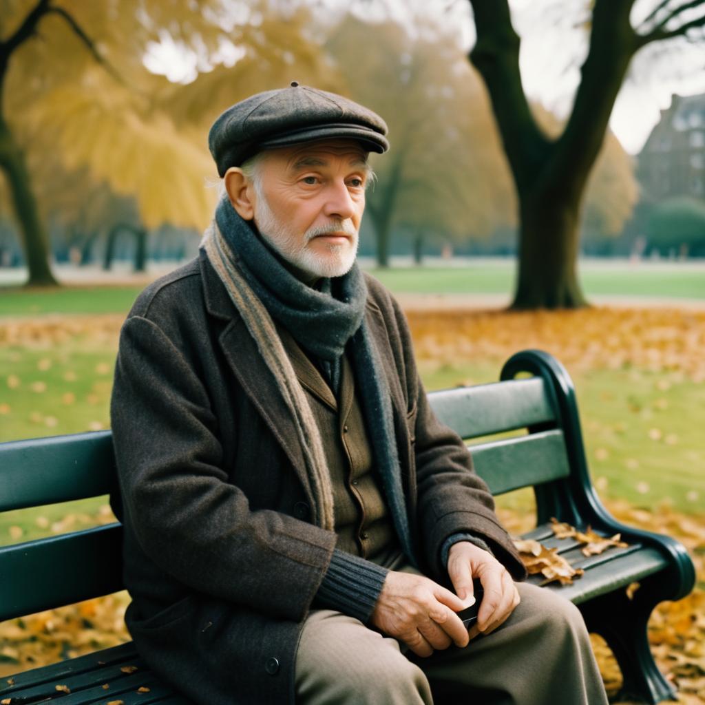 Elderly Man Reflecting on a Park Bench in Autumn