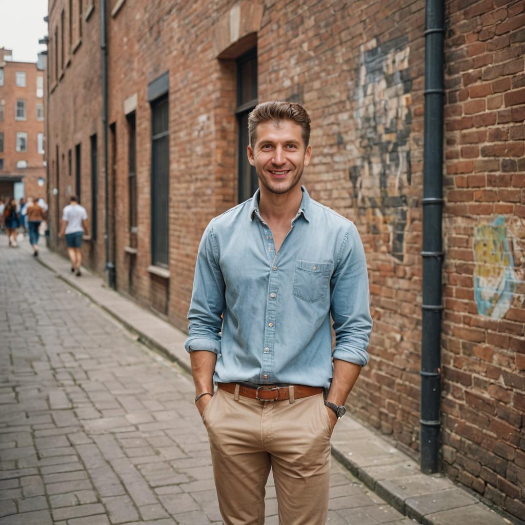 Confident Man in Denim Shirt on City Street