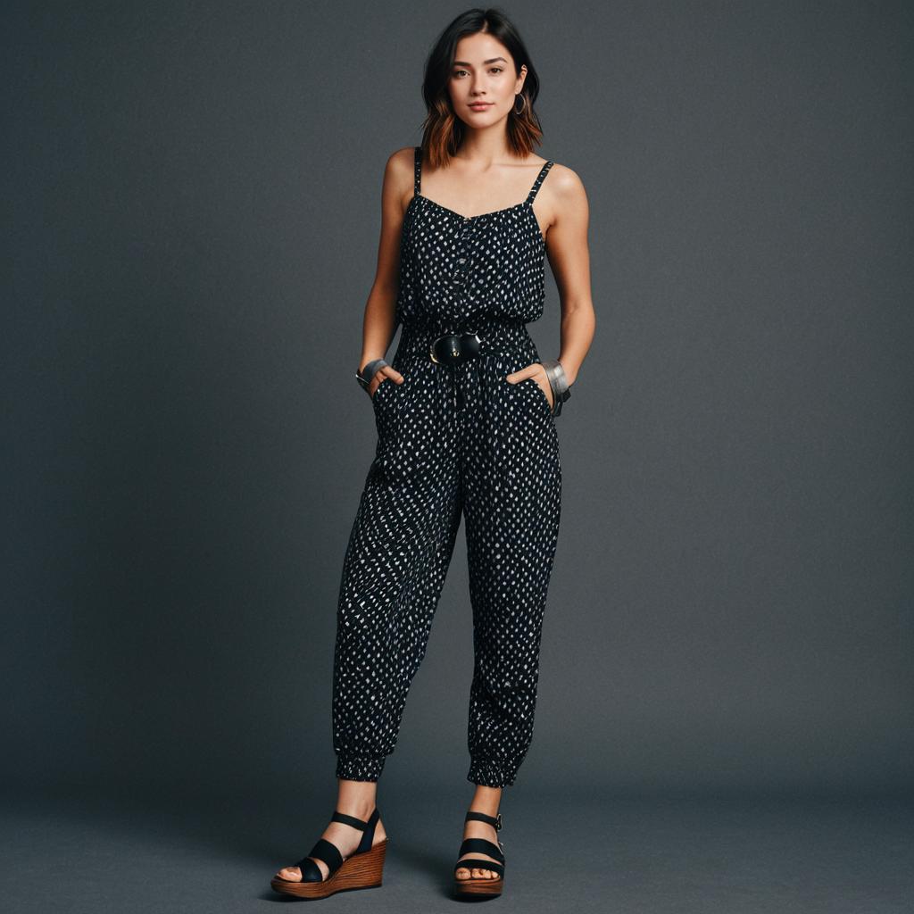 Woman Wearing Casual Contemporary Patterned Black Jumpsuit with Thin Straps