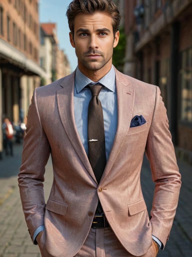 Handsome man in pastel pink suit