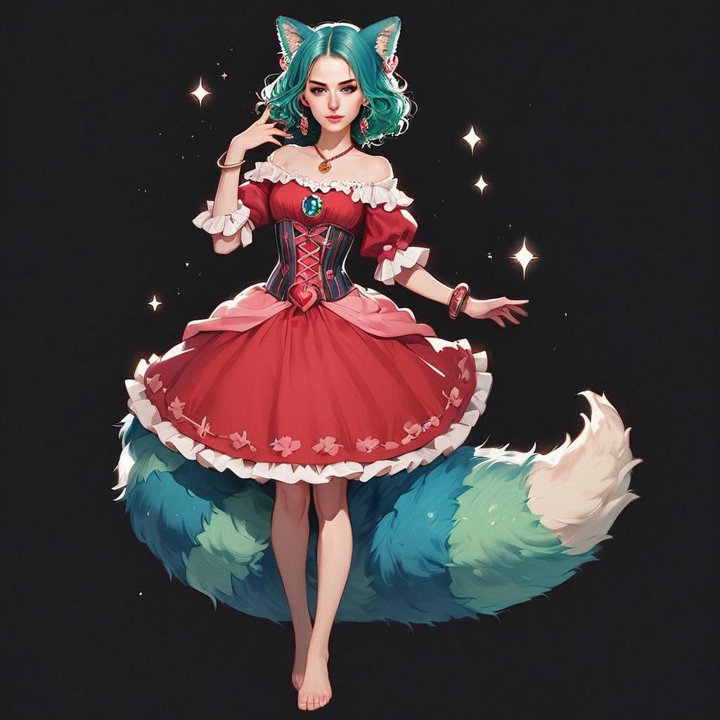 Young Woman with Teal Hair and Fox Ears in Red Dress