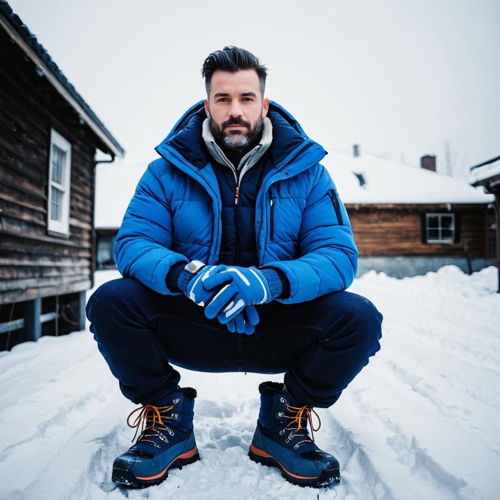 Man in Blue Winter Jacket and Boots in Snow Outdoors