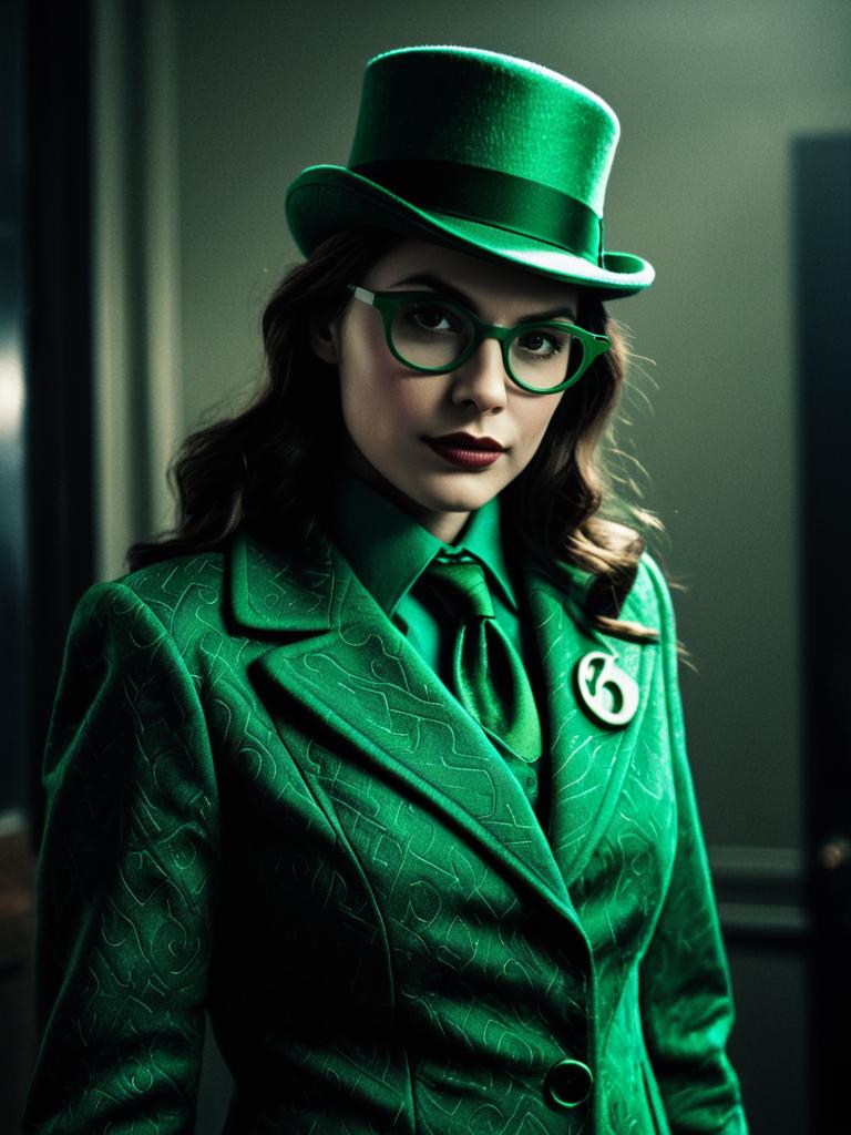 Woman in Detailed Riddler Costume with Top Hat and Glasses, Cinematic Realism