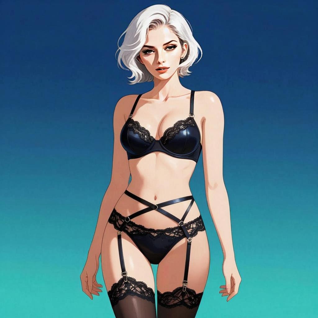 Digital Art of Woman in Black Lace Lingerie with Garter Straps