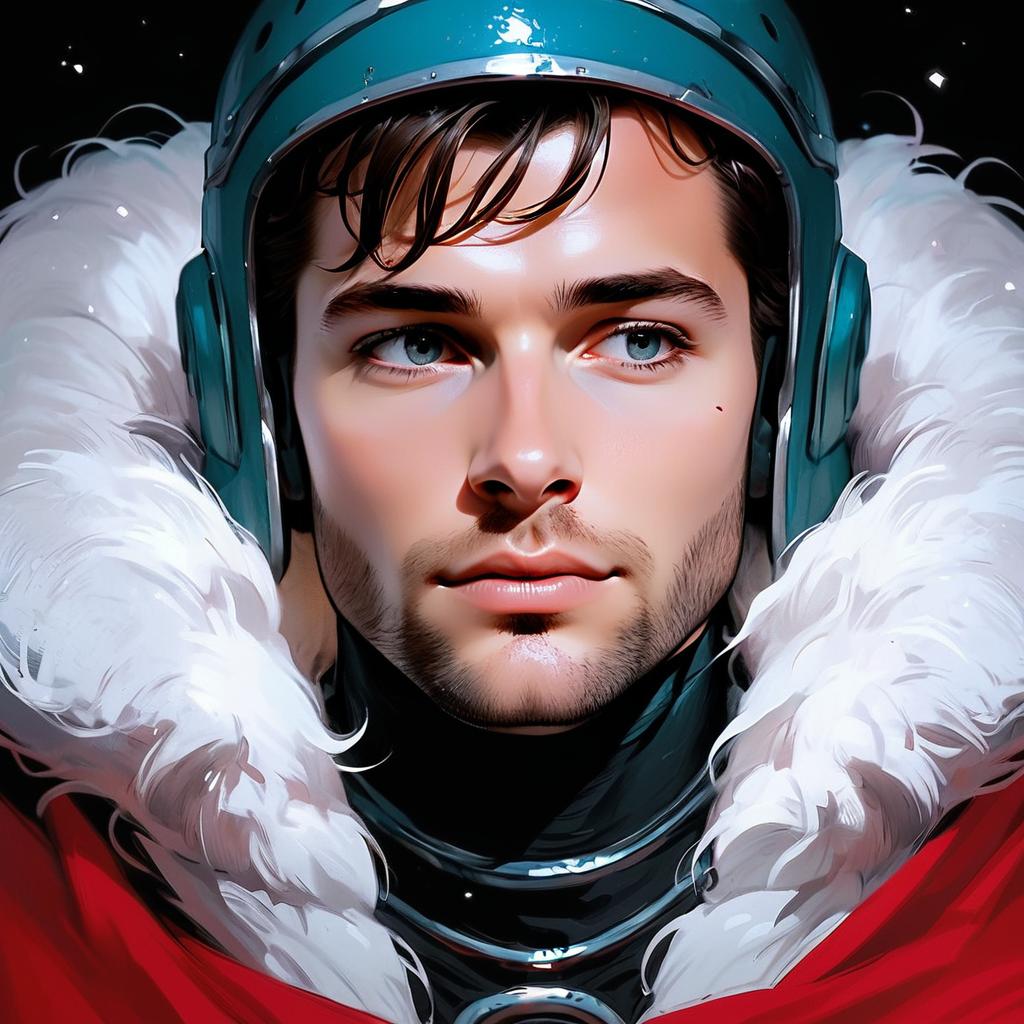 Young Man in Teal Helmet and Red Coat