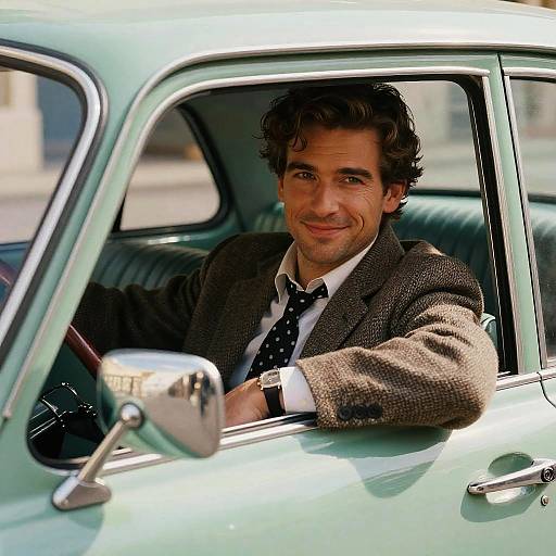 Confident Man in Vintage Car Wearing Tweed Jacket and Polka Dot Tie