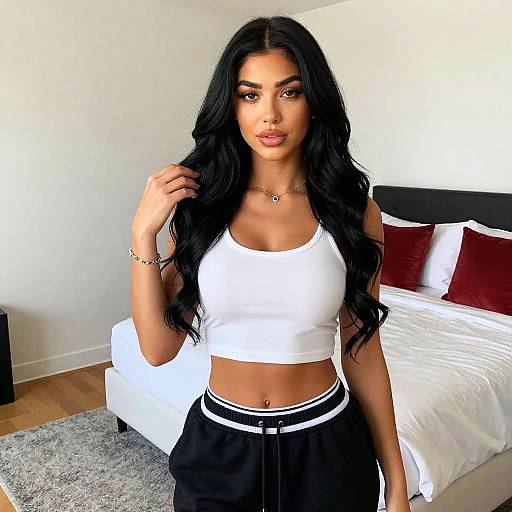 Confident Woman in White Crop Top and Black Pants in Modern Bedroom