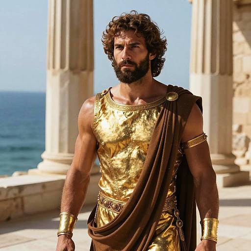 Man in Golden Ancient Greek Warrior Costume by the Sea