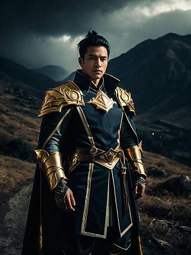 Photorealistic Man in Fantasy Genshin-Style Armor Outdoor Portrait