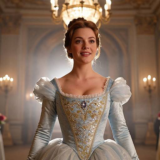 Woman in Elegant Renaissance Style Blue Gown in Grand Ballroom