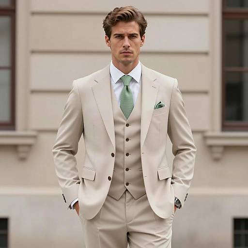 Handsome Man in Beige Three-Piece Suit with Mint Green Tie Outdoors