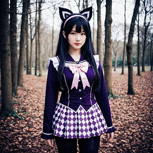 Cosplay Woman in Magical Girl Outfit with Cat Ears in Forest