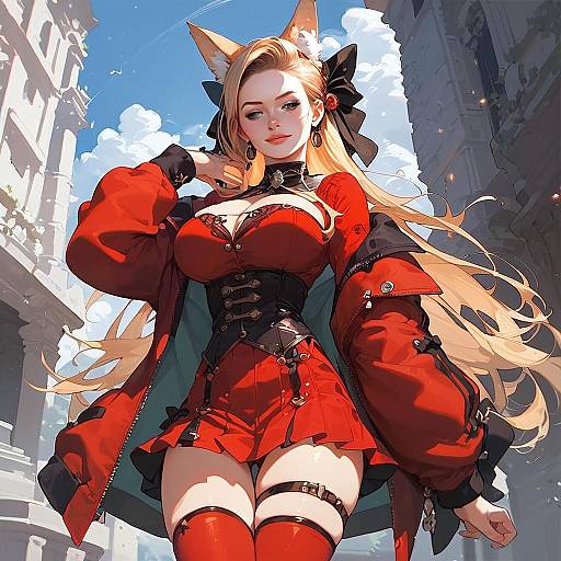 Anime Style Confident Woman in Red Corset Outfit with Fox Ears Digital Art