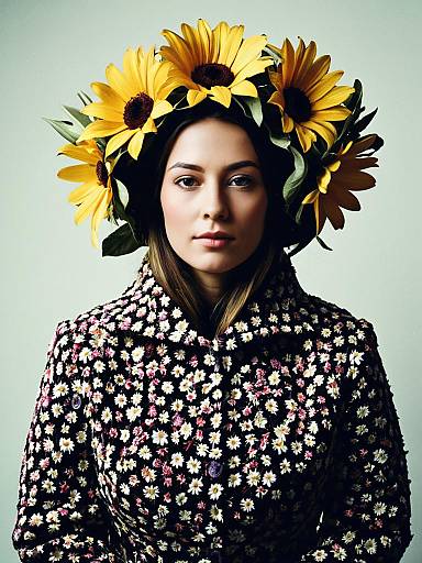 Photorealistic Studio Portrait of Woman in Flower Costume with Sunflower Crown