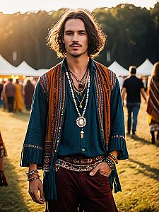 Man in Bohemian Style Outfit Candid Portrait at Outdoor Festival