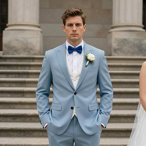 Groom in Light Blue Suit with Blue Bow Tie and White Rose Boutonniere