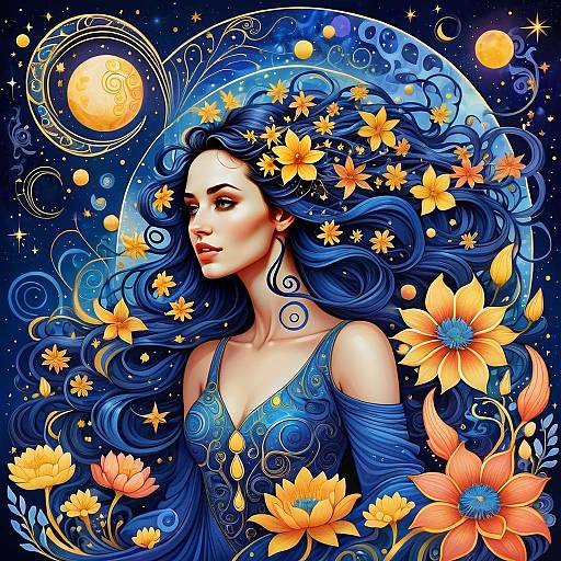 Mystical Woman with Blue Hair and Floral Cosmic Background Digital Art