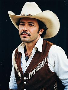 Man in Classic Cowboy Costume with White Hat and Fringe Vest