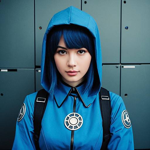 Realistic Portrait of Woman in Blue Hooded Jacket with Emblems