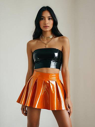 Woman in Modern Streetwear Black Strapless Cropped Top and Glossy Orange Skirt