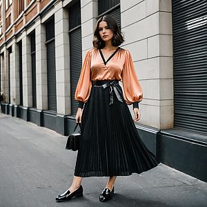 Elegant Woman in Satin Blouse and Pleated Black Skirt Urban Fashion