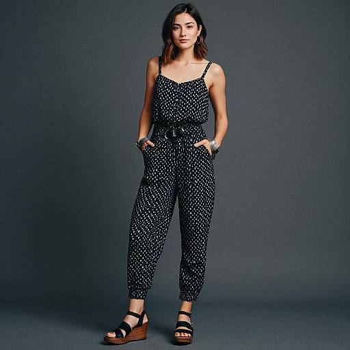Woman Wearing Casual Contemporary Patterned Black Jumpsuit with Thin Straps