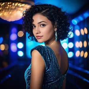 Glamorous Woman in Shimmering Blue Evening Dress with Curly Hair
