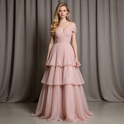 Elegant Off-Shoulder Blush Pink Tiered Tulle Gown for Women