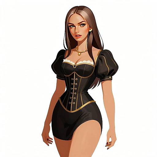 Stylish Young Woman in Black Corset Dress Digital Illustration
