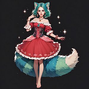 Young Woman with Teal Hair and Fox Ears in Red Dress