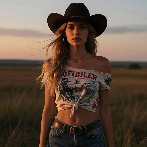 Young Woman in Cowboy Hat and Vintage Tee at Sunset Field