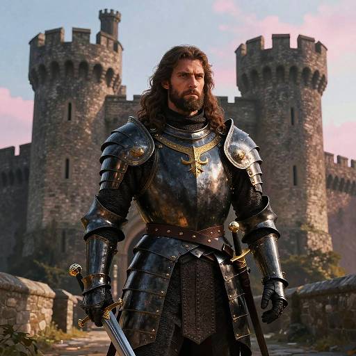 Medieval Knight in Black Armor Standing Before Castle