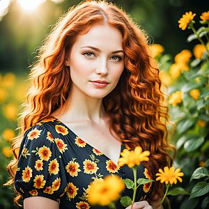 Young Woman in Floral Dress Among Yellow Flowers